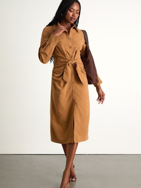 Lulus Dresses & Skirts - Lulus Autumnal Views Tan Suede Button-up Tie-front Midi Dress Brown - Size L
